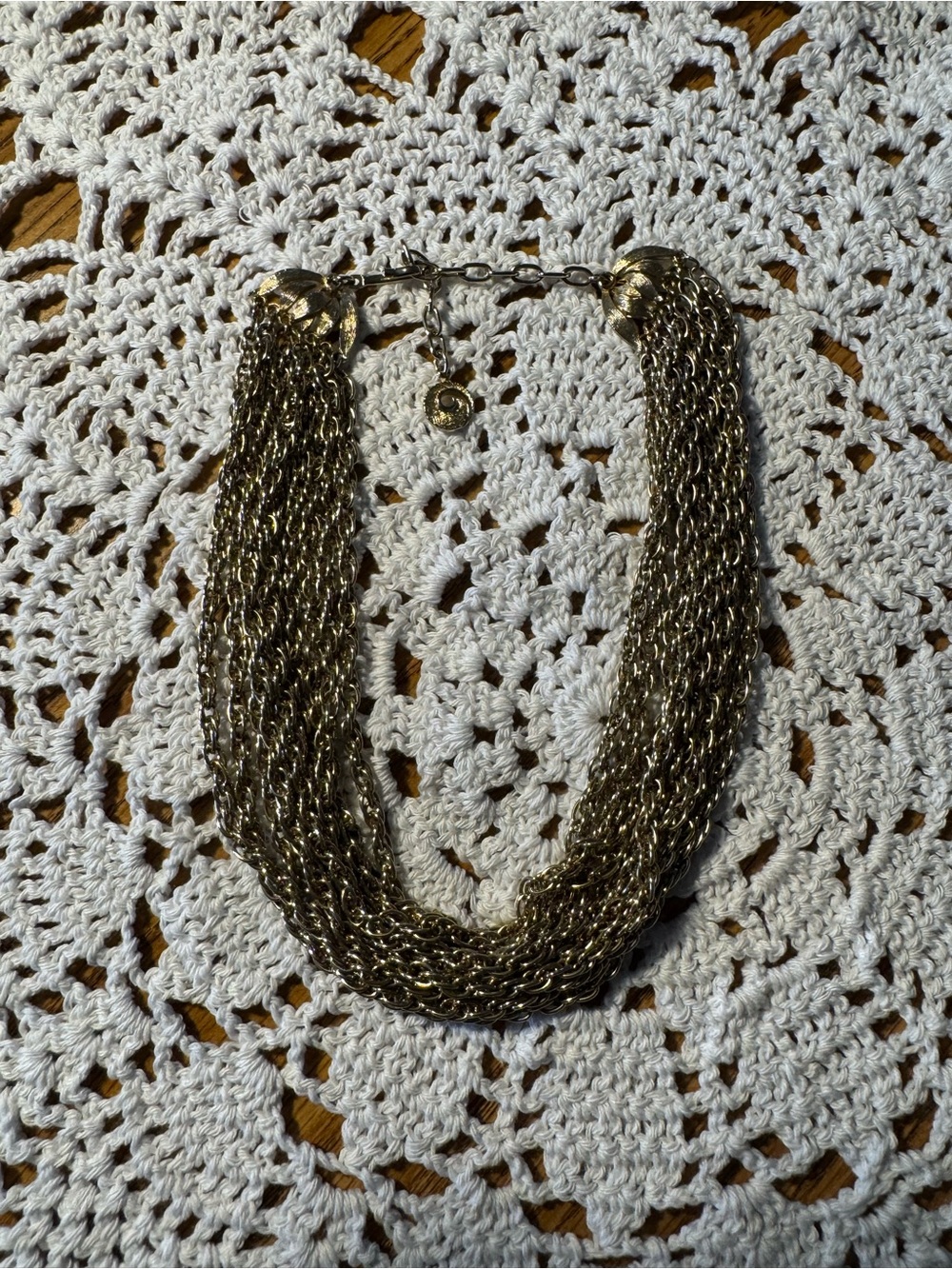 vintage multi-strand gold-tone chain statement necklace textured shell end caps